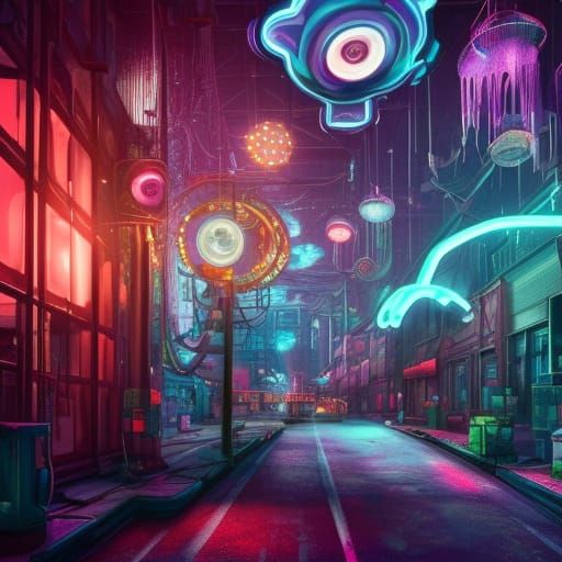 Neon Jellyfish in Post-Apocalyptic Fantasy City