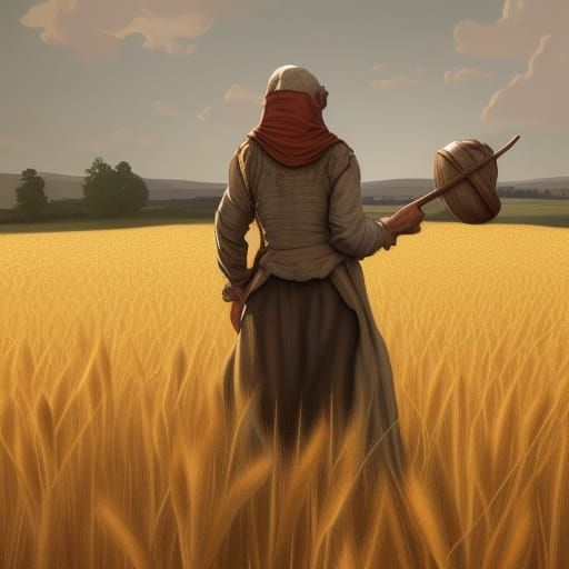Medieval Farmer in Wheat Field: Hyperdetailed Concept Art