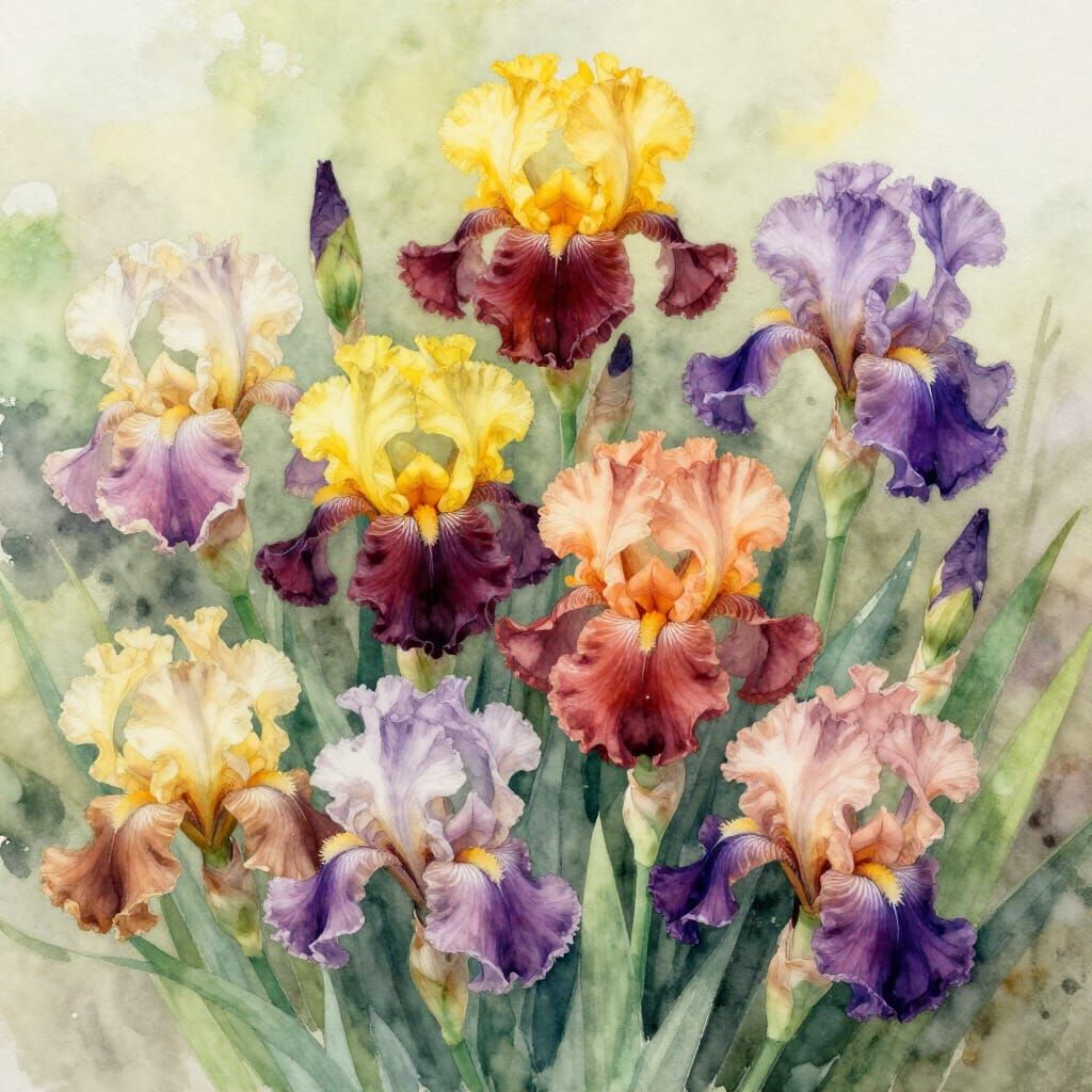 Vibrant Watercolor Iris Bouquet Painting