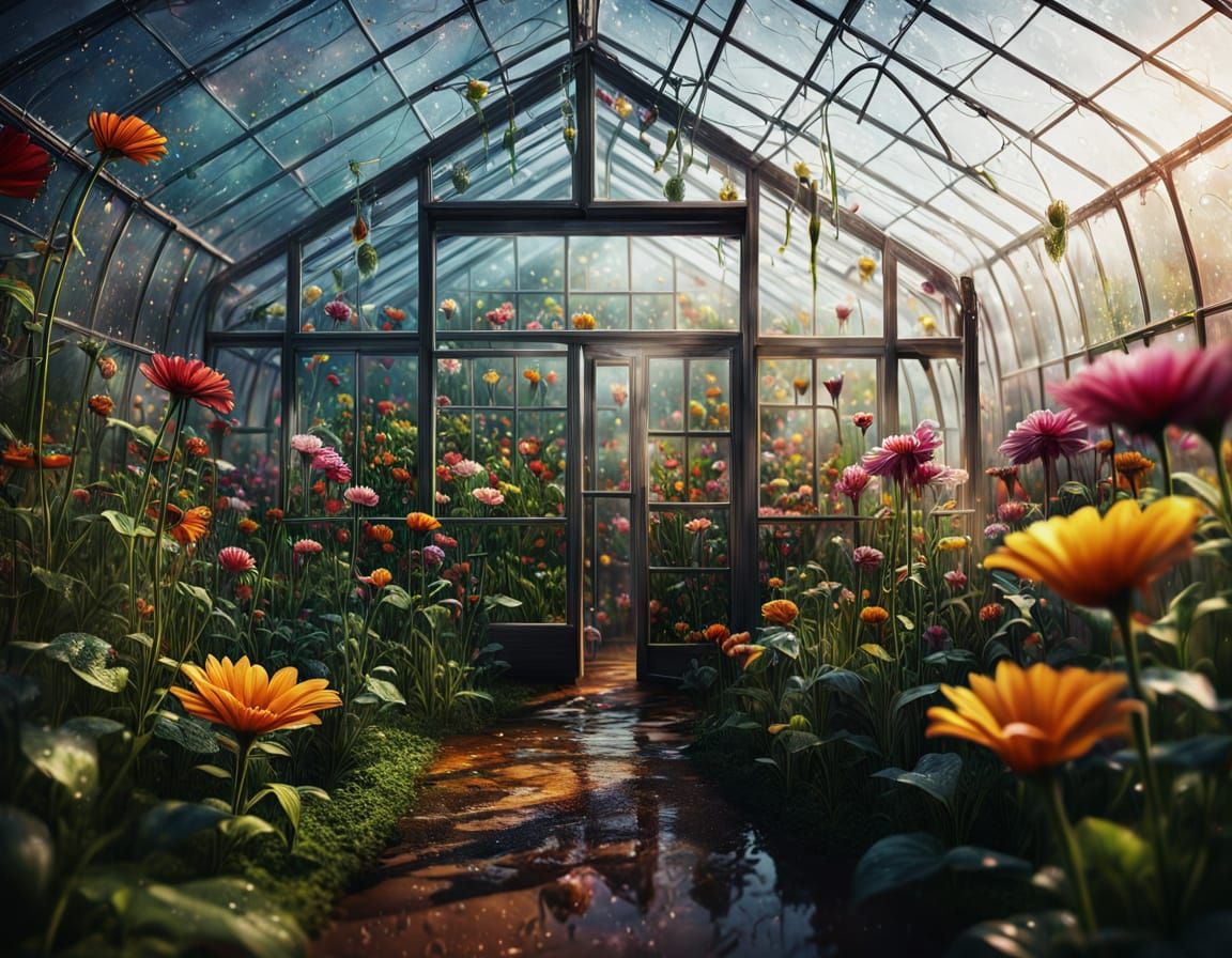 Hyperrealistic Greenhouse with Flowers and Eyes