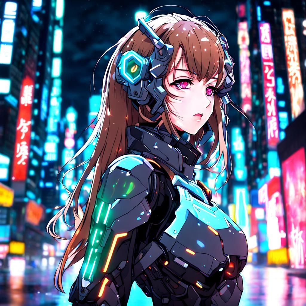 Cyborg Girl Portrait in Neon City, Anime Style
