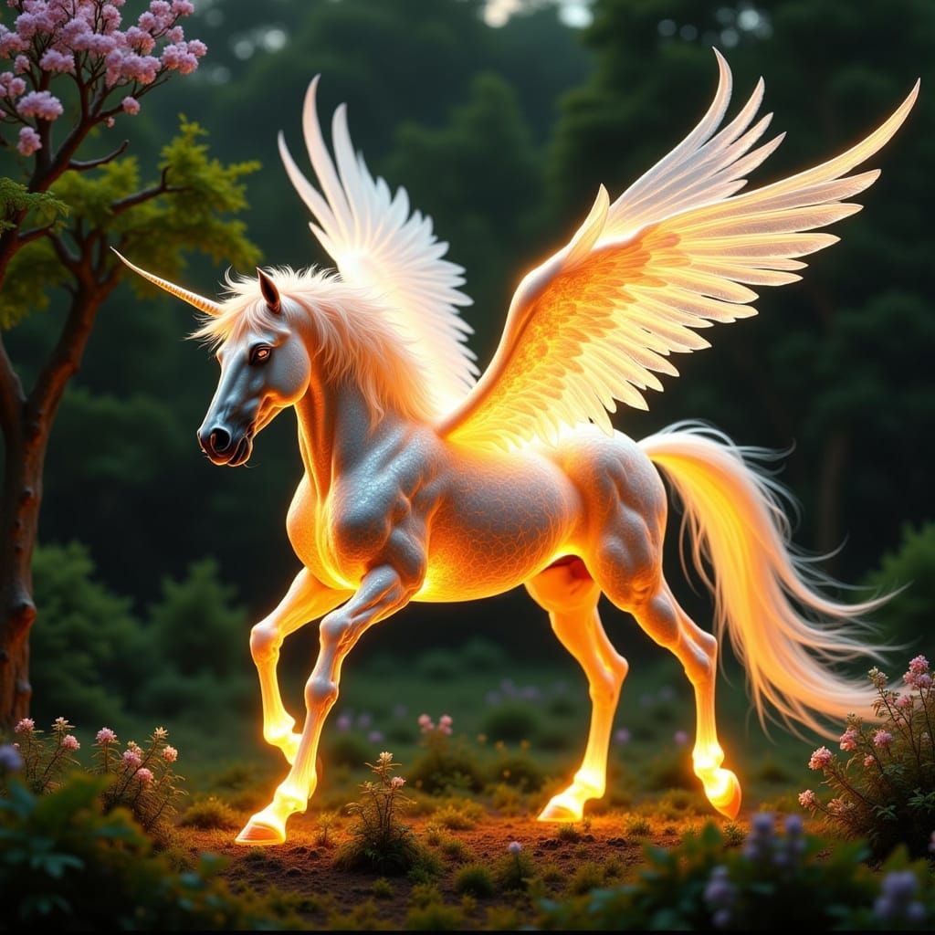 Glowing Pegasus Galloping Through Garden