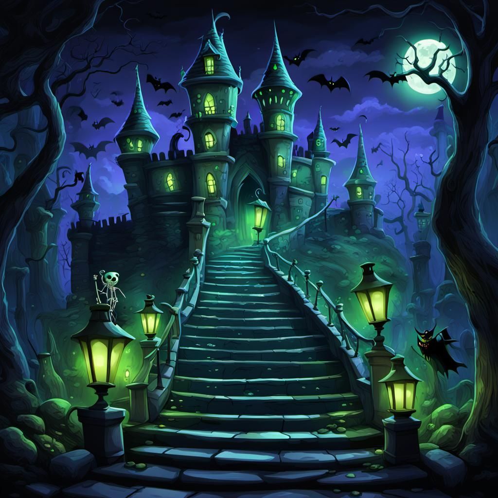 Haunted Cartoon Castle Staircase in 3D Style
