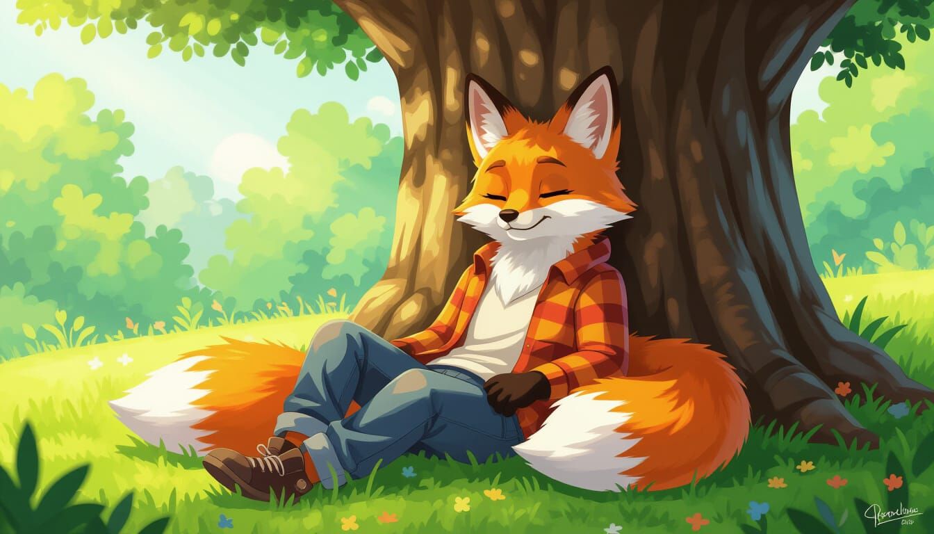 Relaxed Fox Cartoon Character in Casual Attire