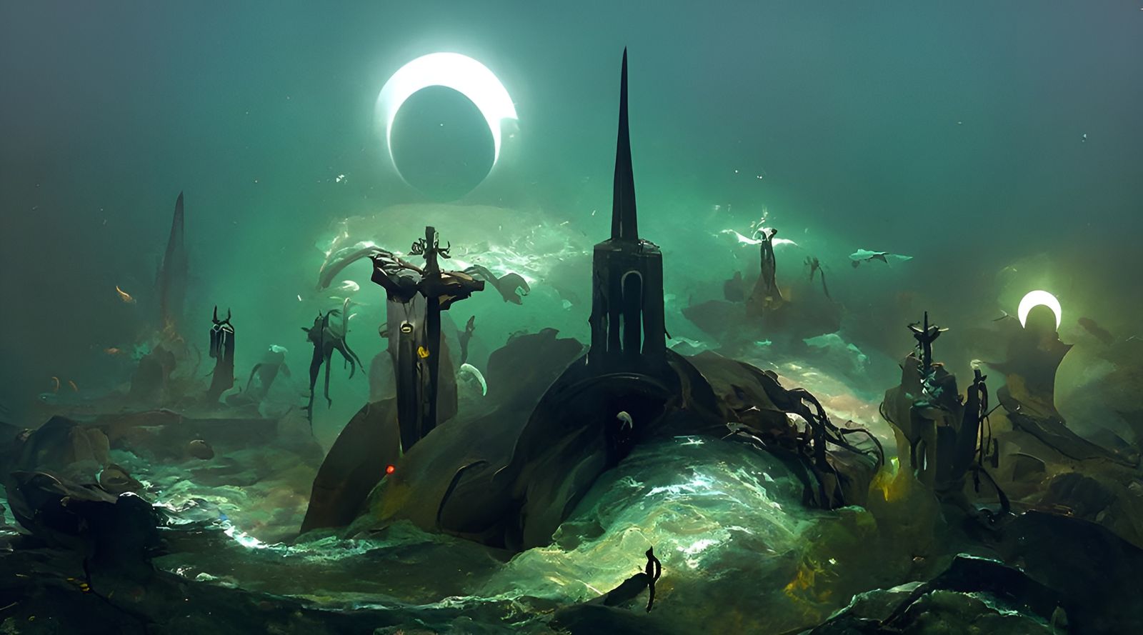Submerged Lovecraftian Church in Deep Green Waters