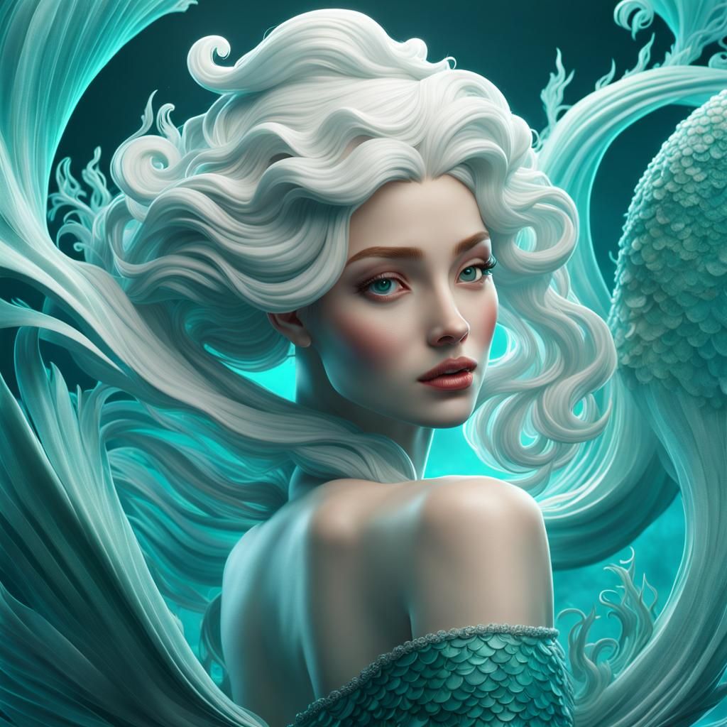 3D Cameo of a White Mermaid with Teal Waves
