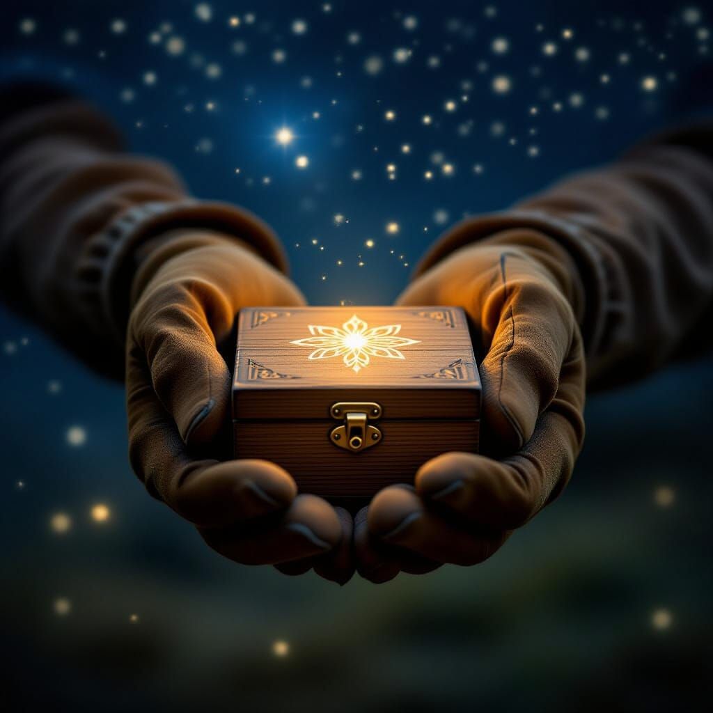 Hands Cradle Luminescent Wooden Box at Night