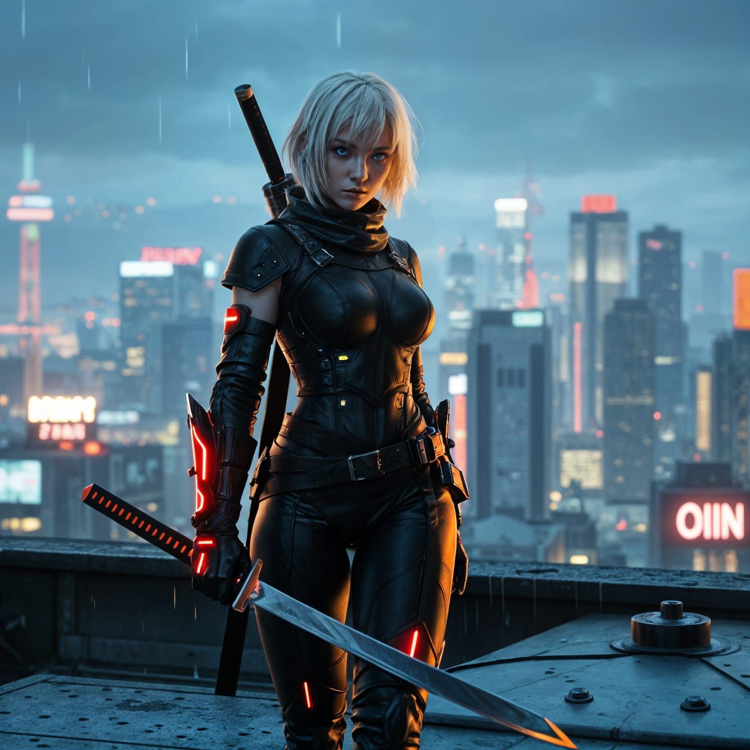 Cyberpunk Ninja on Rain-Slicked Rooftop in Cybernetic Style