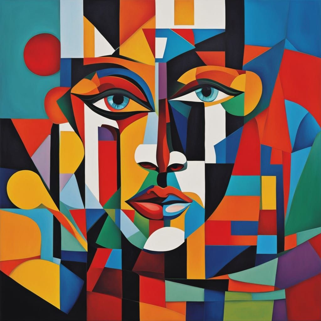 Modern Cubist Portrait with Geometric Shapes and Vibrant Col...