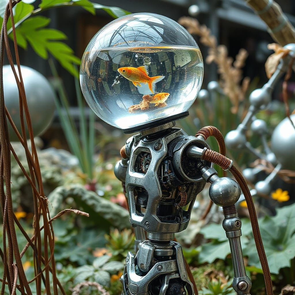 Futuristic Robot with Aquatic Head in Ethereal Garden