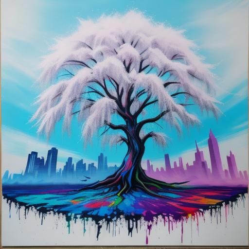 Colorful Graffiti-Style Willow Tree Street Art