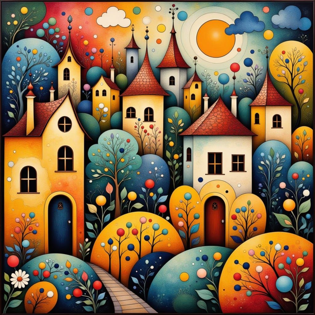 Colorful Geometric Village in Folk Art Nouveau Style