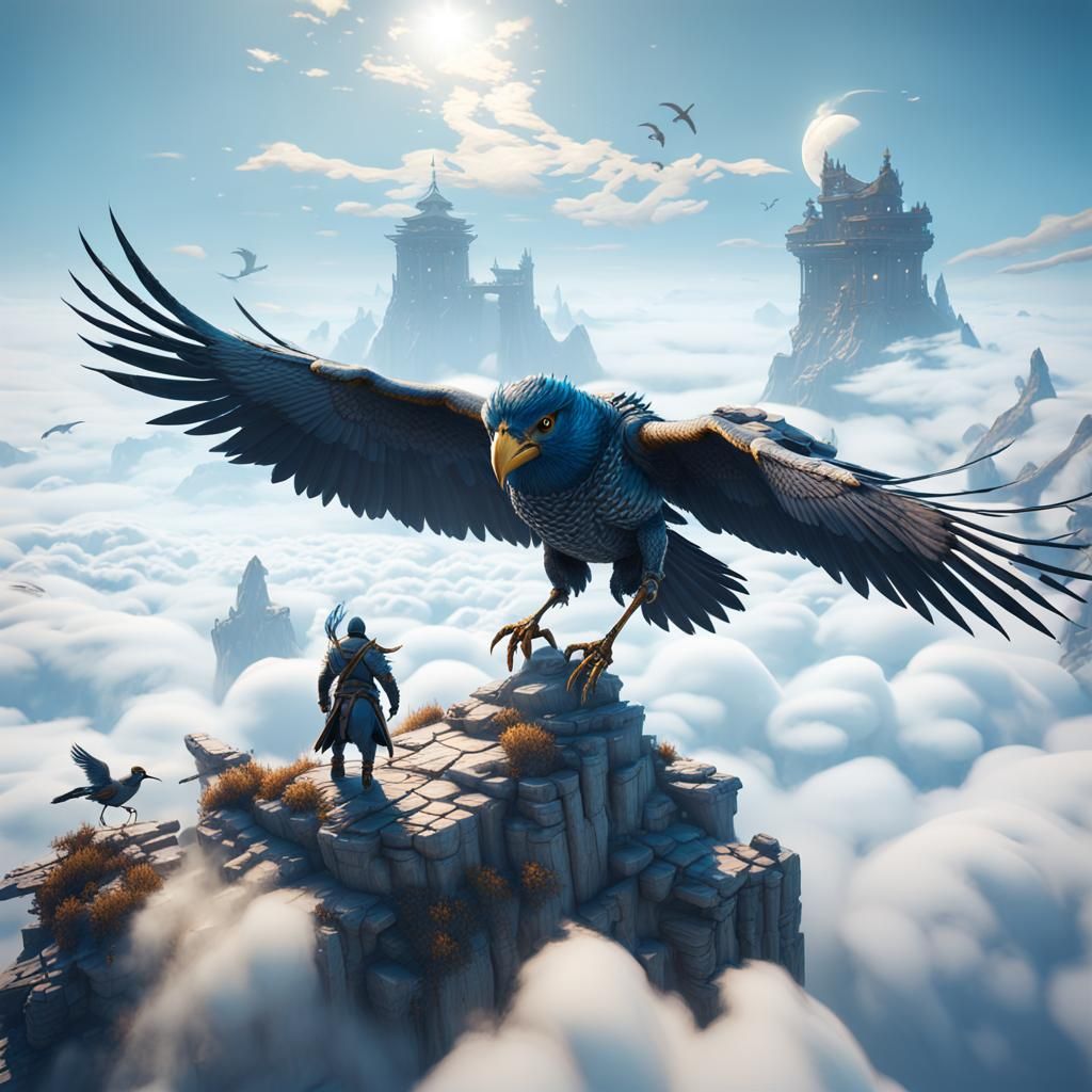 Epic Bird Rider Soaring Over Clouds in 3D