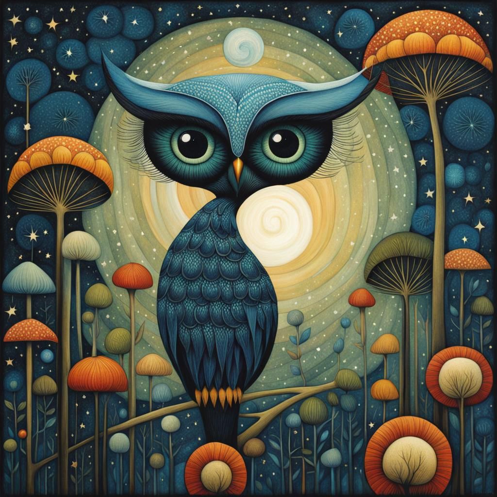 Mysterious Owl in Art Brut Style