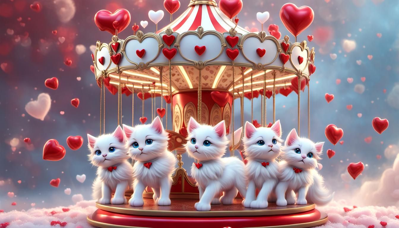 shiny heart horse carousel of fluffy white chibi kittens,red...