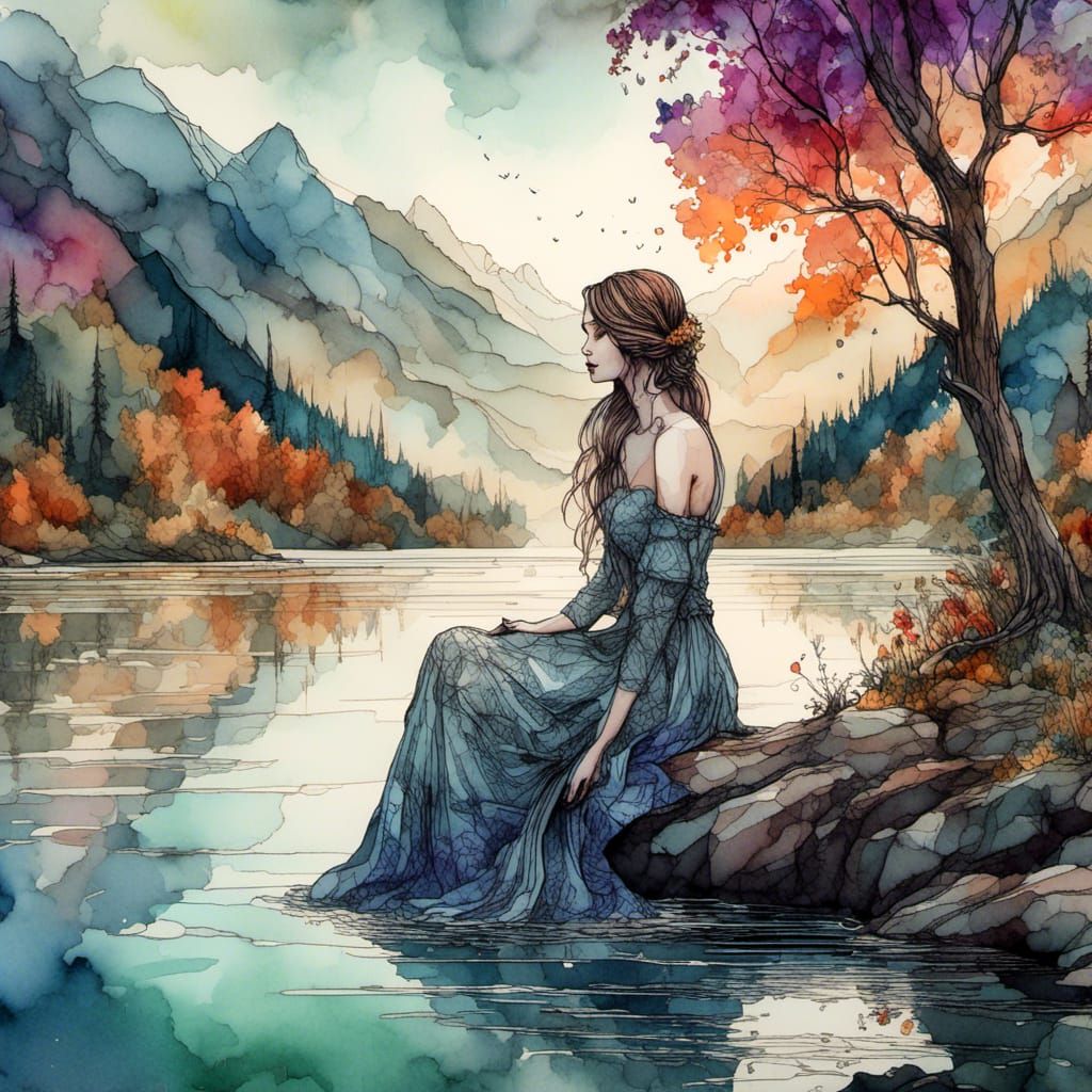 Watercolor Lake Scene with Woman in Dress