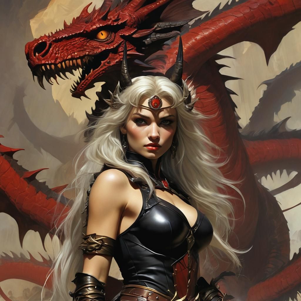 Epic Fantasy Dragon Woman with Flaming Sword