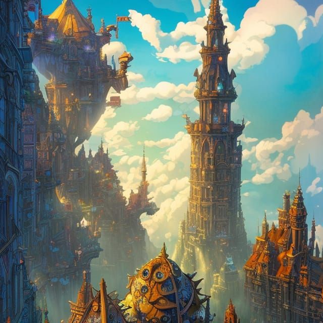 Magical City with Wizard Tower, Ghibli-Inspired