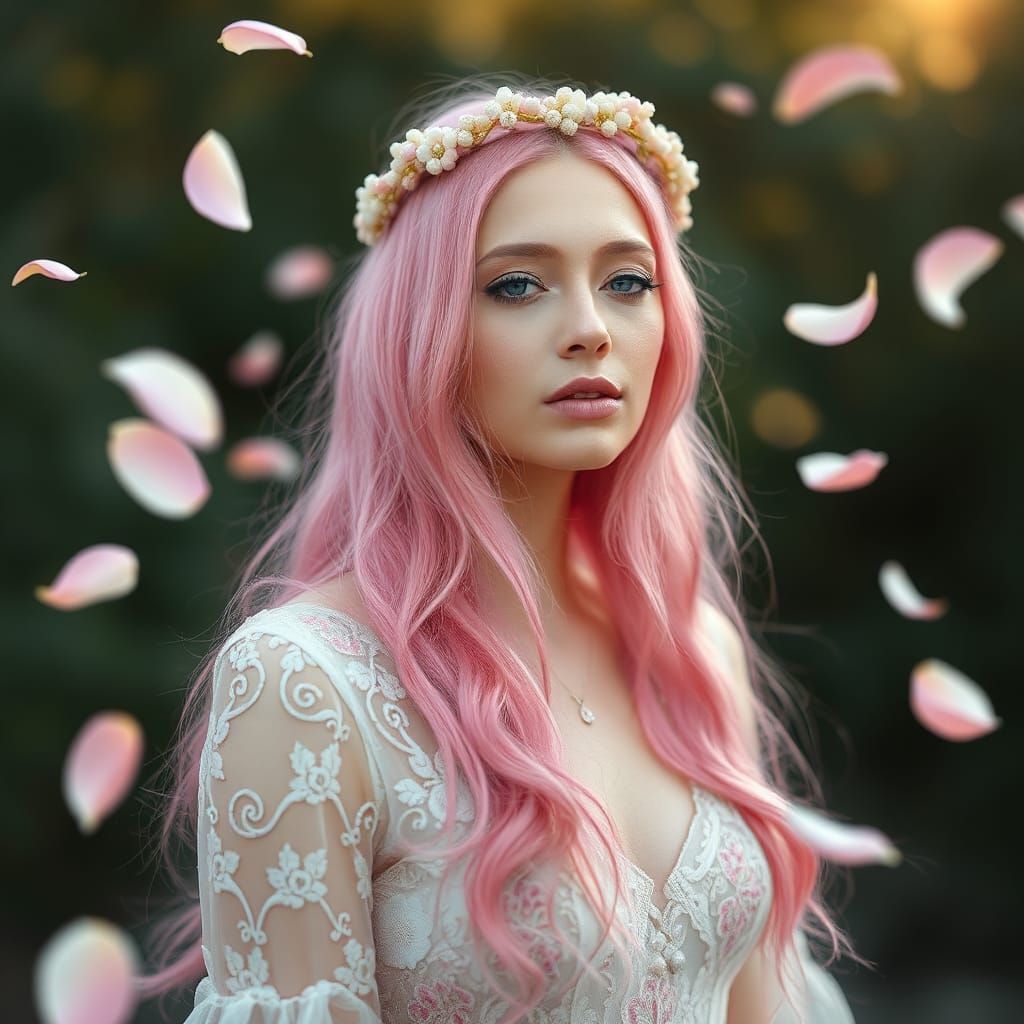 Ethereal Woman with Floral Crown and Pink Hair