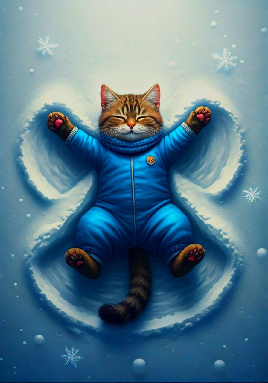 Intricately Detailed Digital Snow Scene with a Joyful Cat