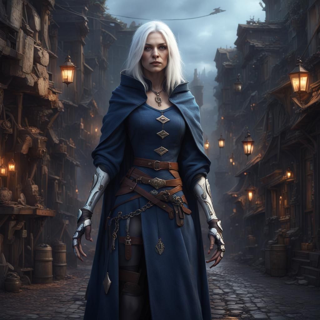 Mysterious Sorceress with Robotic Arm on Medieval Street