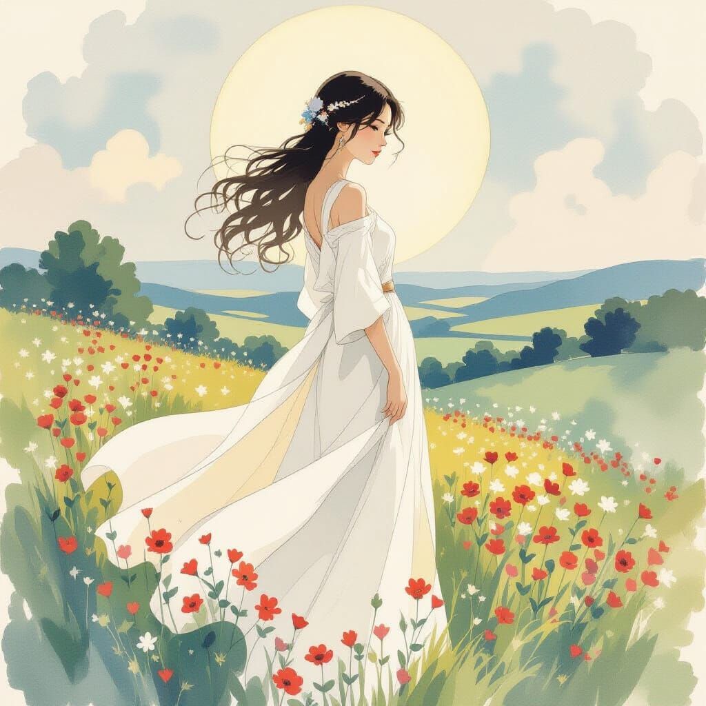 Akane in White Dress: Watercolour Painting in Art Nouveau St...