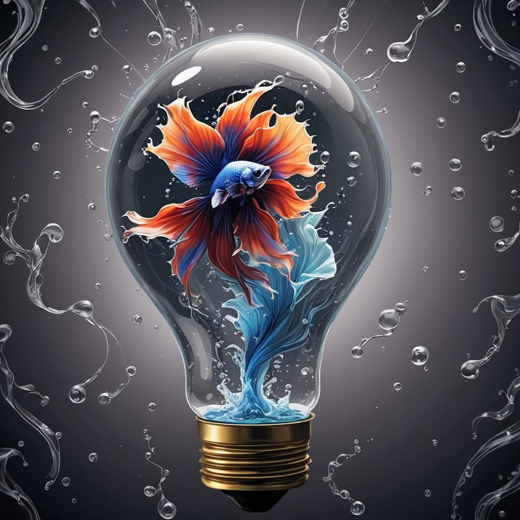 A surreal scene with a Siamese Fighting Fish inside an illum...