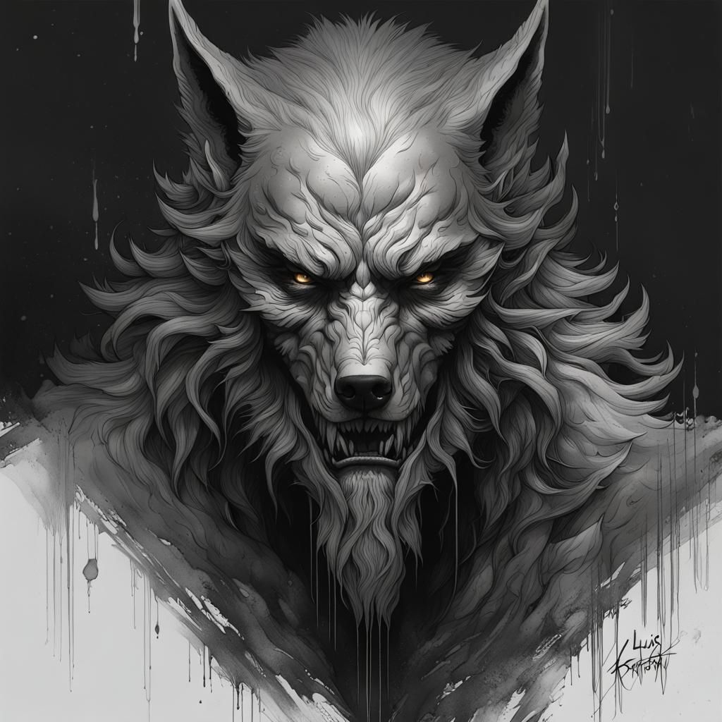 Werewolf Portrait in Detailed Ink Line Art