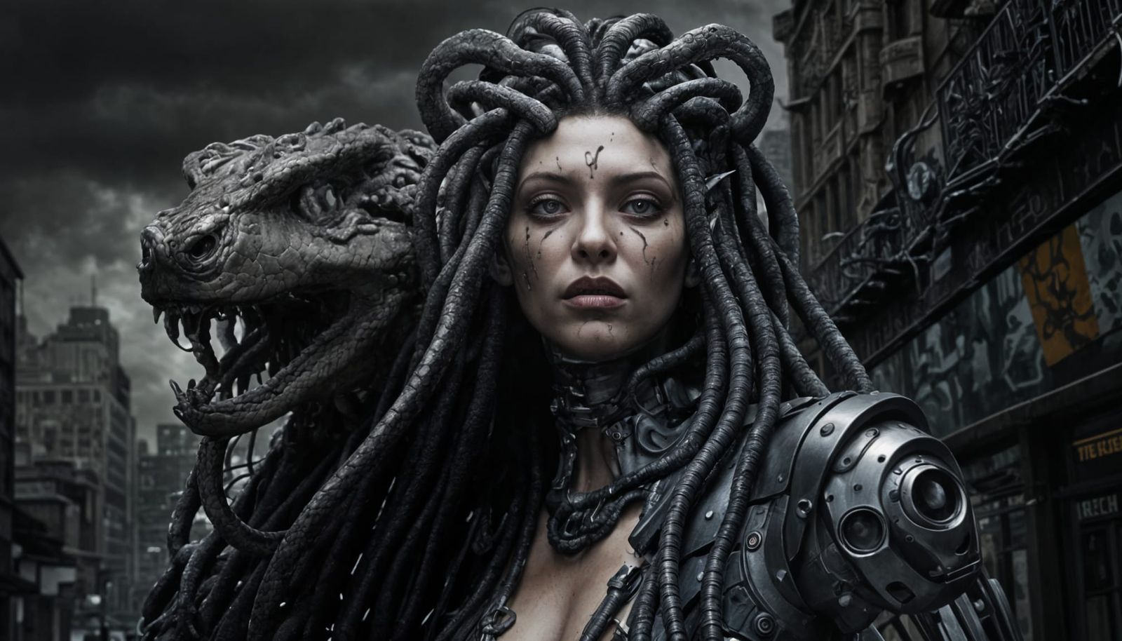Fierce Cyberpunk Medusa in Gritty Cityscape