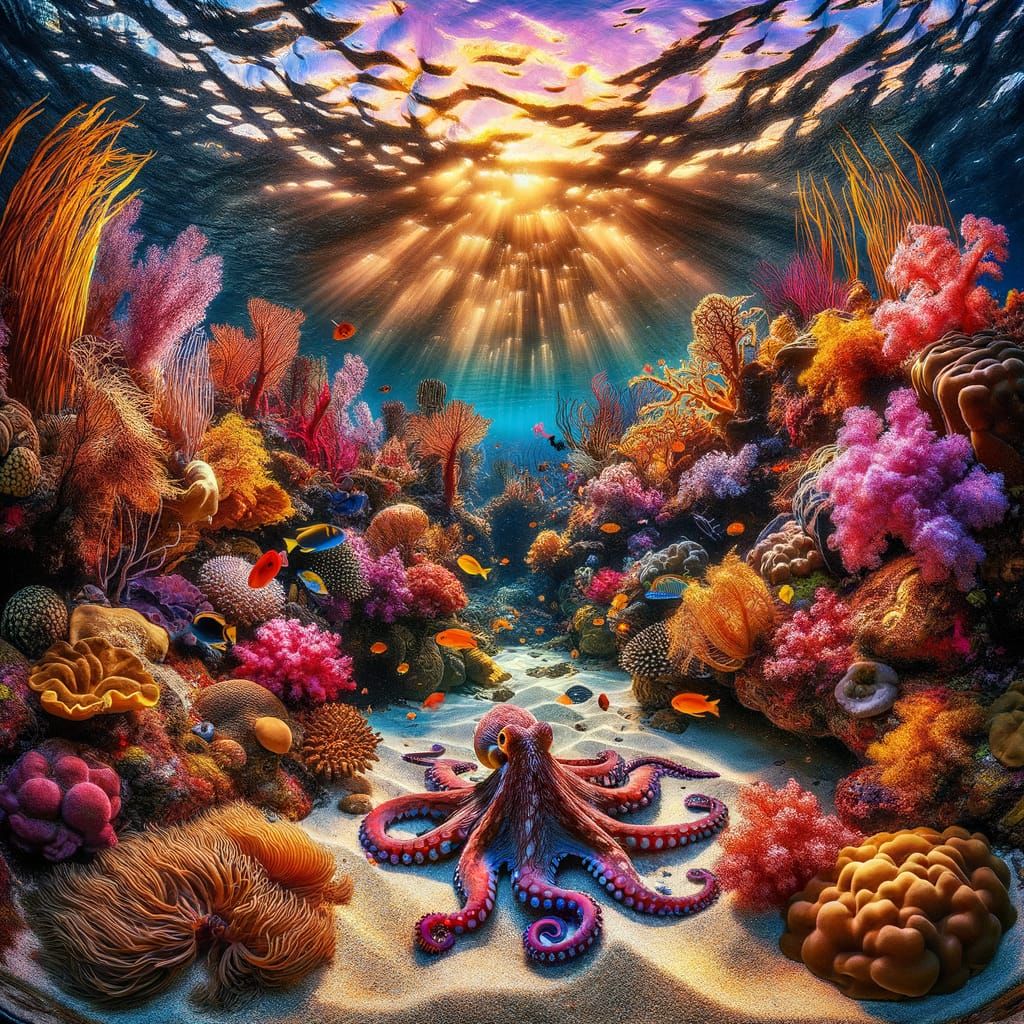 Vibrant Coral Reef Painting in Sunset Colors