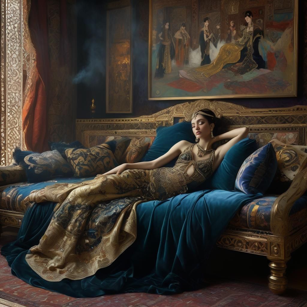 Exotic Dancer on Divan in Opulent Classical Style