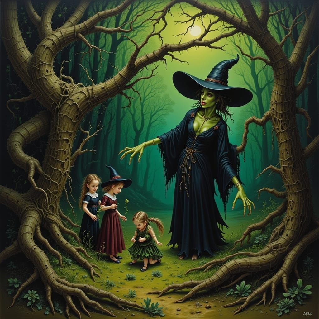 Wicked Witch Glides Towards Innocents in Dark Fantasy Oil Pa...