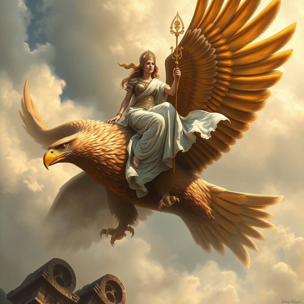Goddess Athena Rides Golden Eagle in Mythical Storm