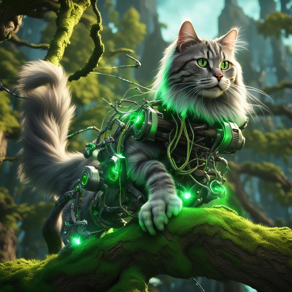Cybernetic Norwegian Forest Cat in Cyberpunk Style