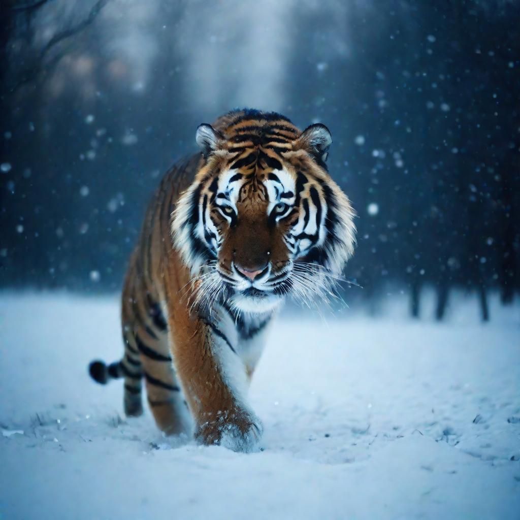 Walking tiger is growling. Leaves are moving and snow is falling