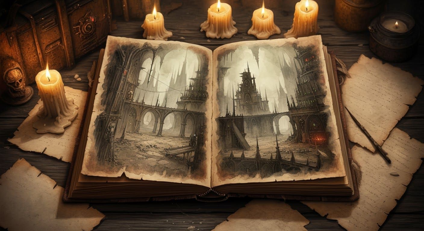 Warhammer 40k Locations in Ancient Tome Watercolor