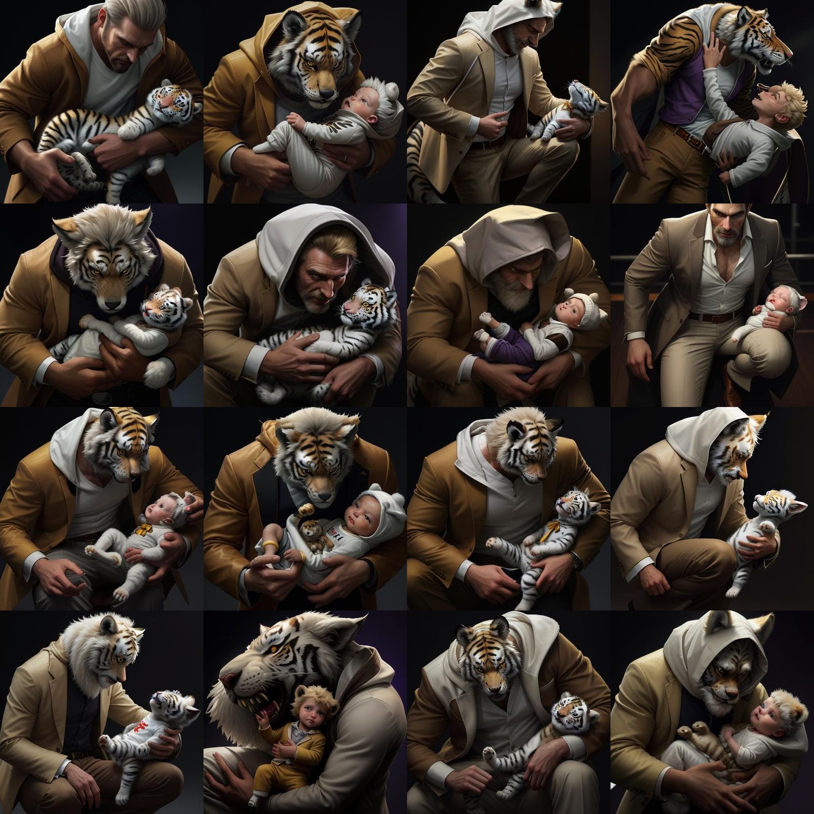 Baby Tiger Cub and Wolf in Vibrant Colors