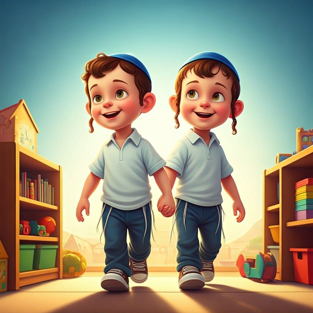 Joyful Jewish Boys Enter Kindergarten: Pixar-Style 3D Render