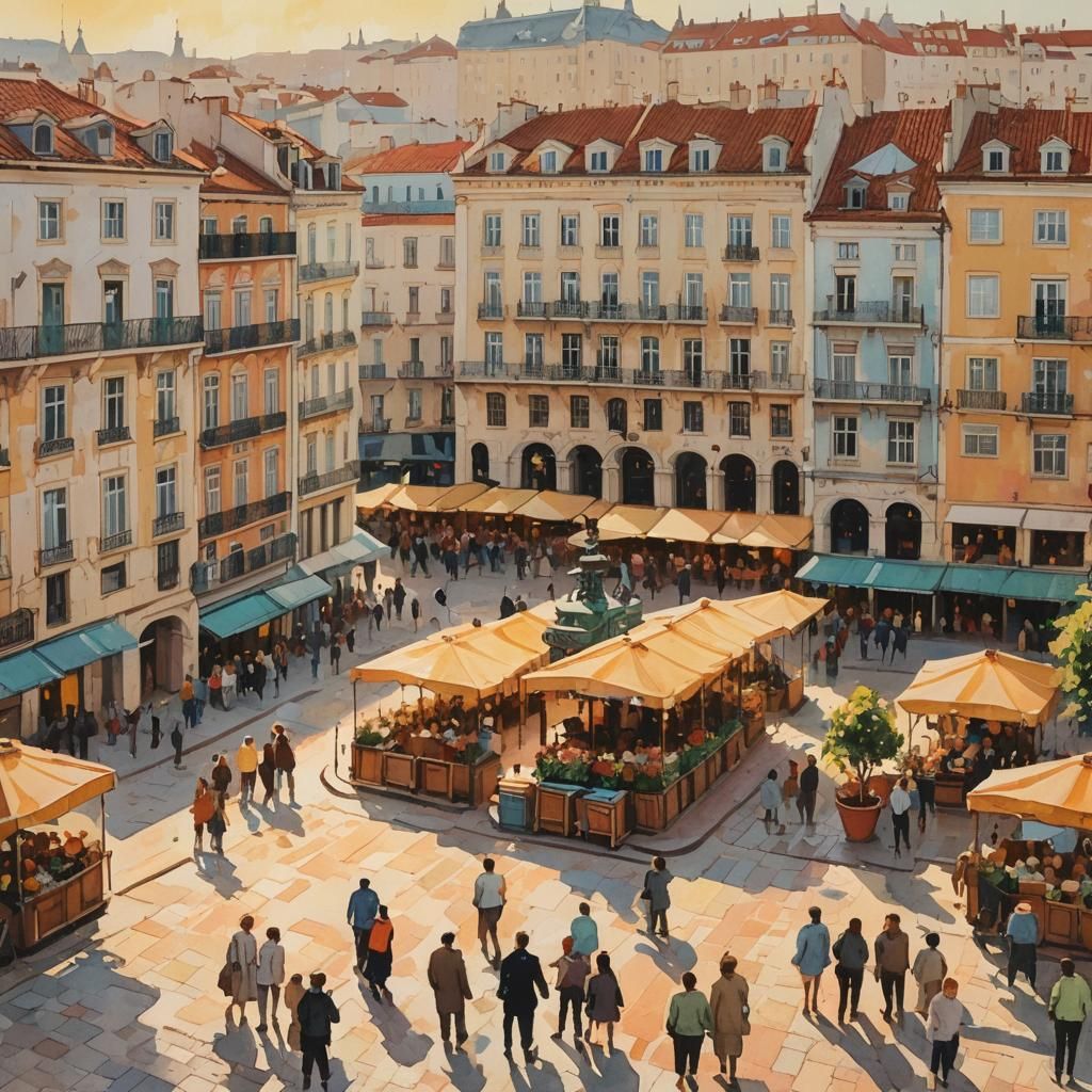 Lisbon Square in Impressionist Gouache Style