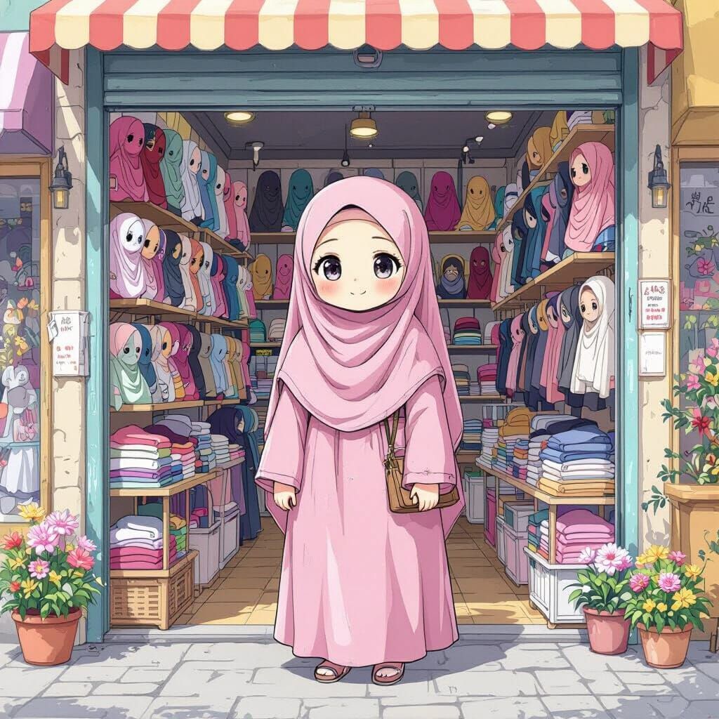 Giant Girl in Pink Niqab Outside Hijab Shop in Anime Style