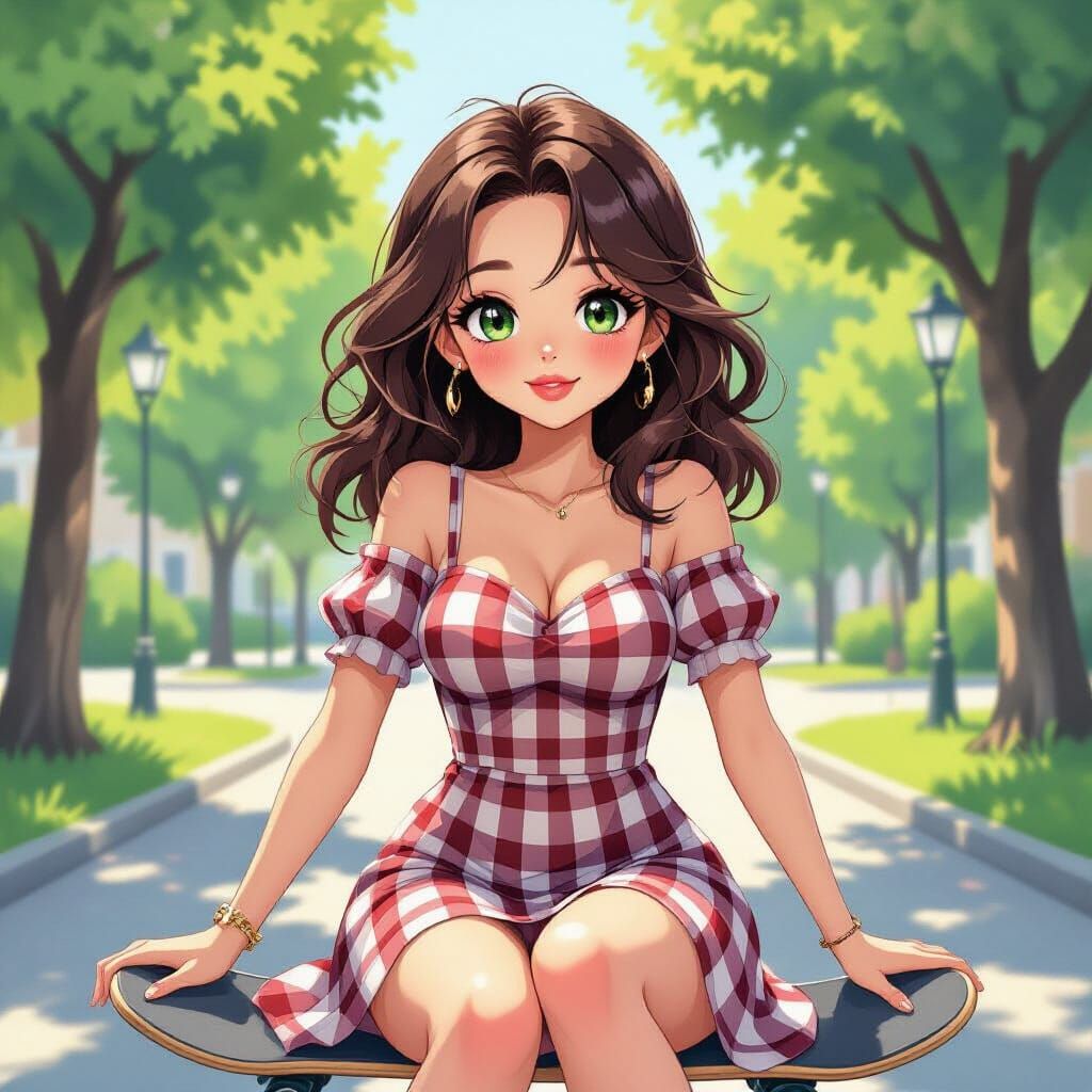 Anime Woman on Skateboard in Park, Gouache Style