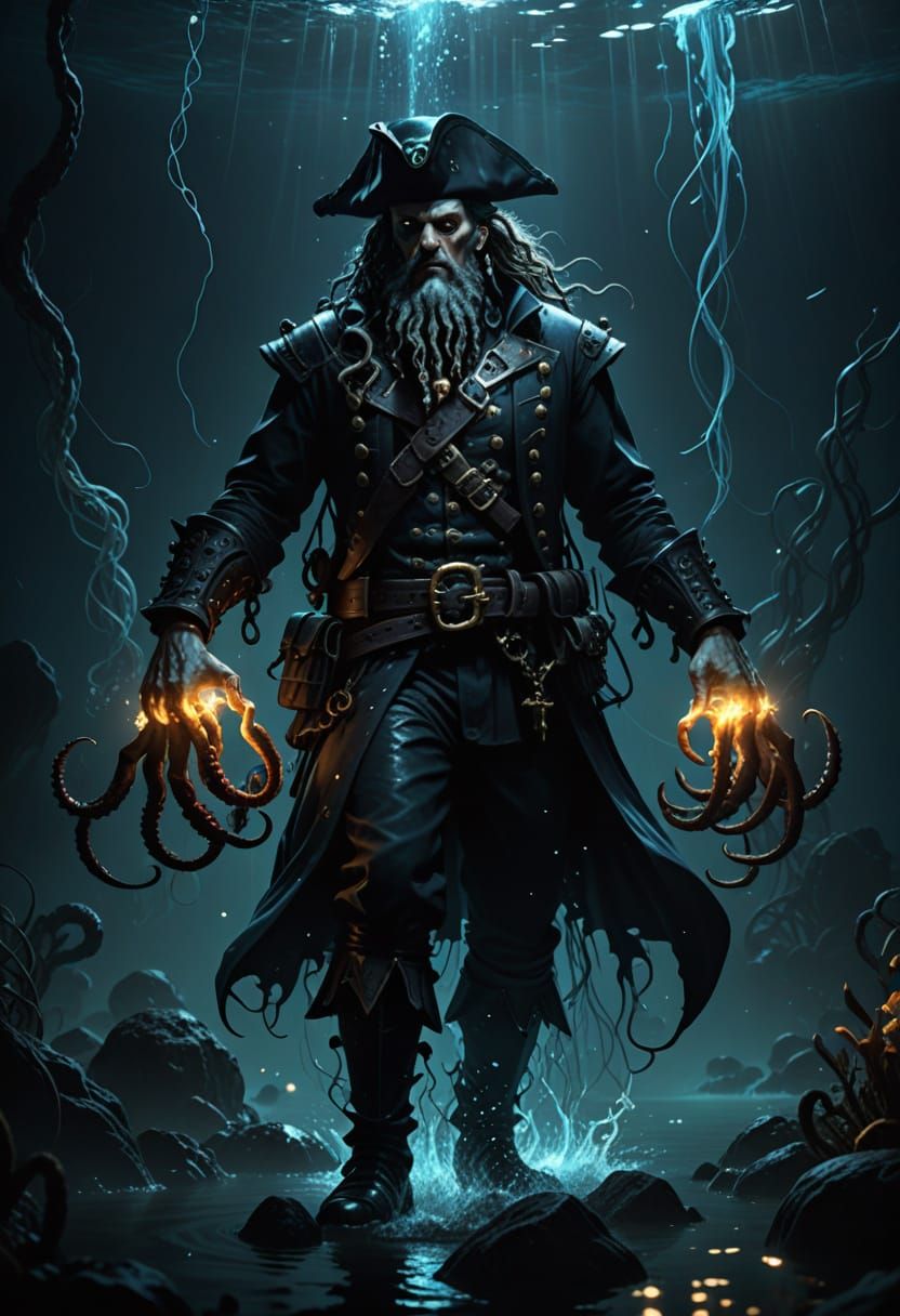 Underwater Pirate Captain Emerges: Dark Fantasy Digital Art