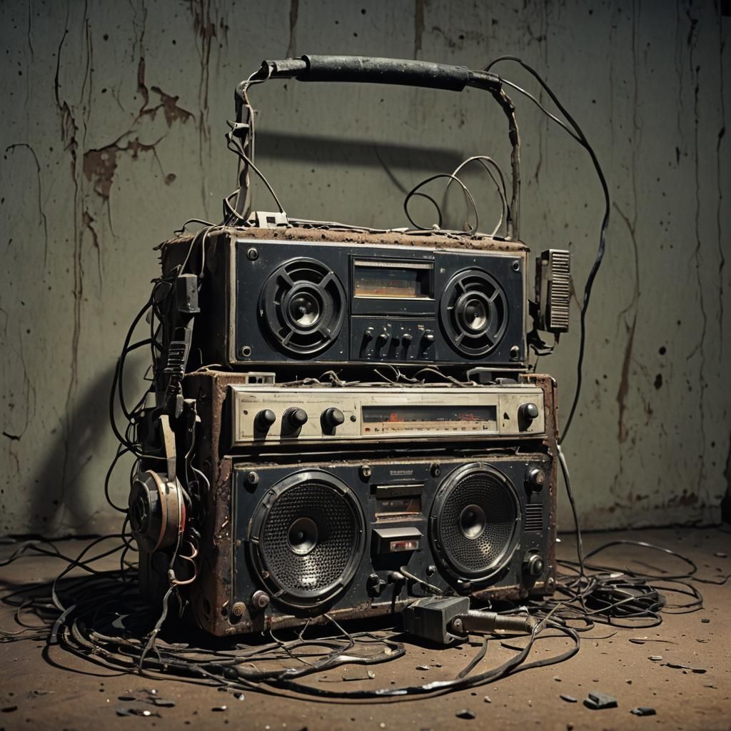 Cassette Recorder Skill Saw Speaker in Dark Surrealism