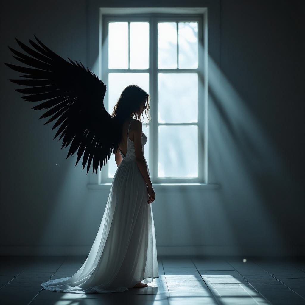 Woman with Shadow Wings in Dimly Lit Room