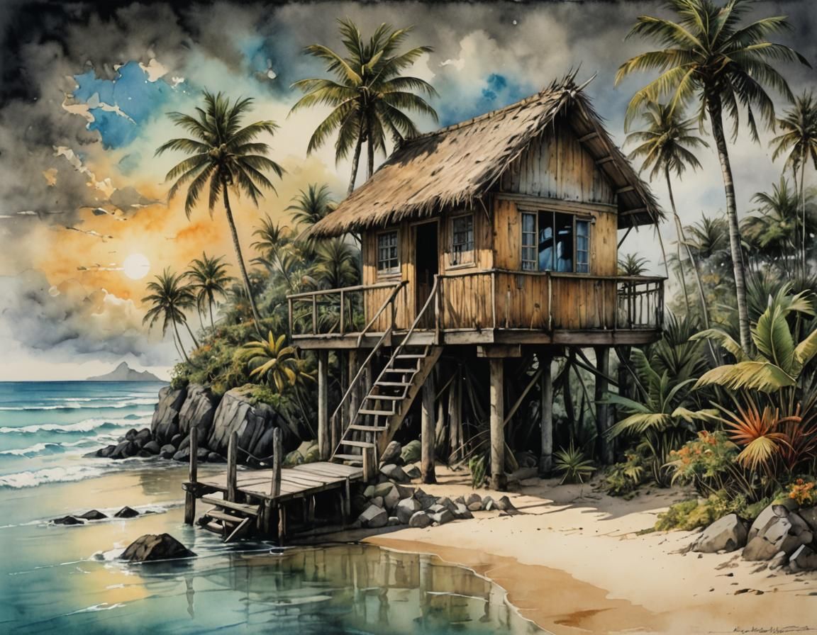 Tropical Beach Hut Watercolor Illustration