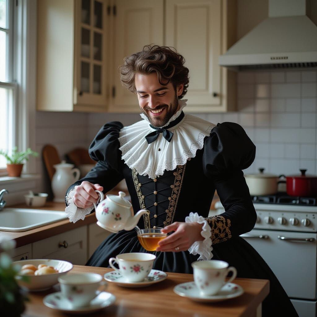 Gothic Ball Gown Man Makes Tea in Kitchen