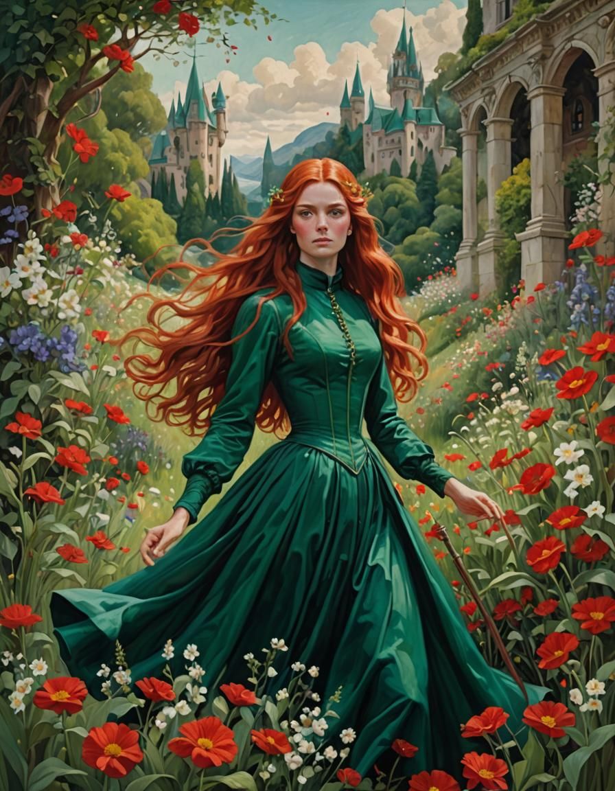 Enchanting Woman with Wand in Floral Landscape