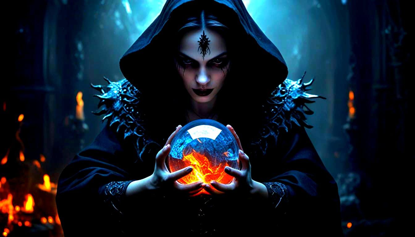 Evil Witch Holds Crystal Ball in Fiery Dark Fantasy Art