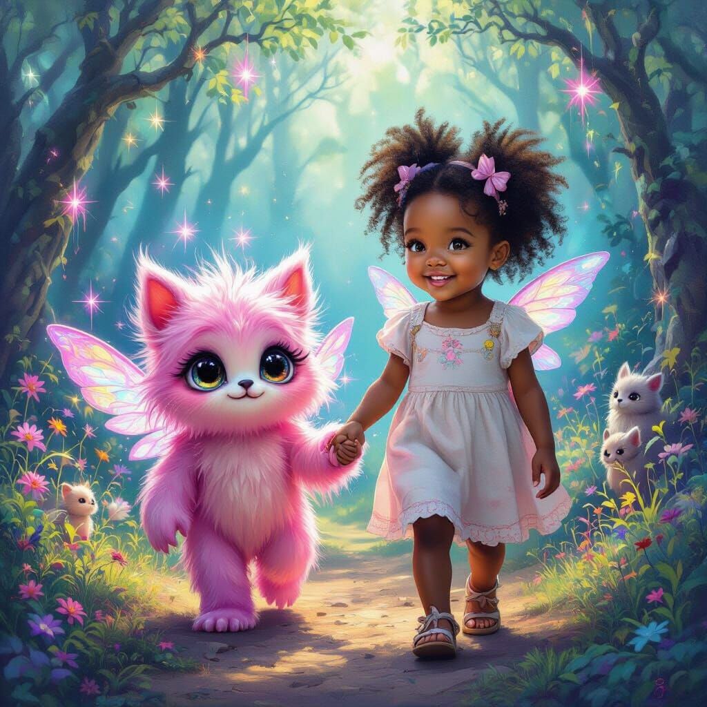 Cute Child Holds Magical Creature in Enchanted Forest