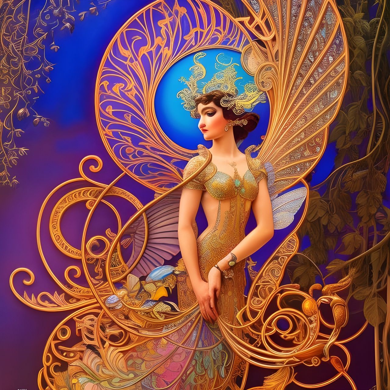 Futuristic Art Nouveau Bird-Winged Fairy Illustration